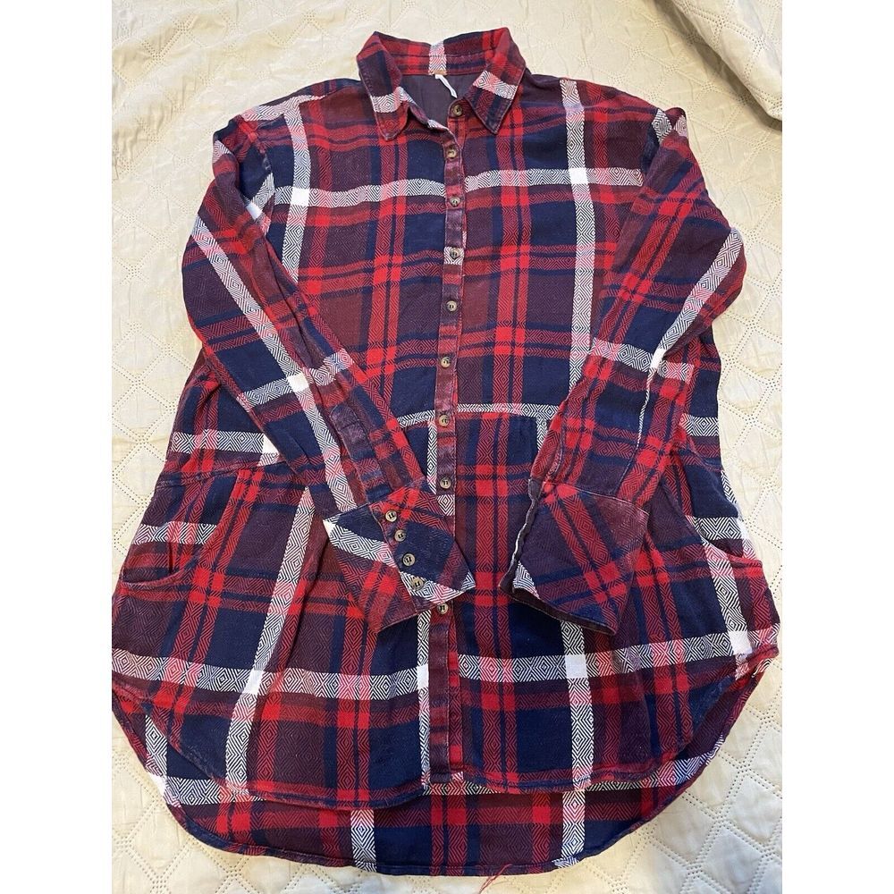 Free People Women's  Red Flannel Button Up Plaid Top Size M Peplum‎ long sleeve